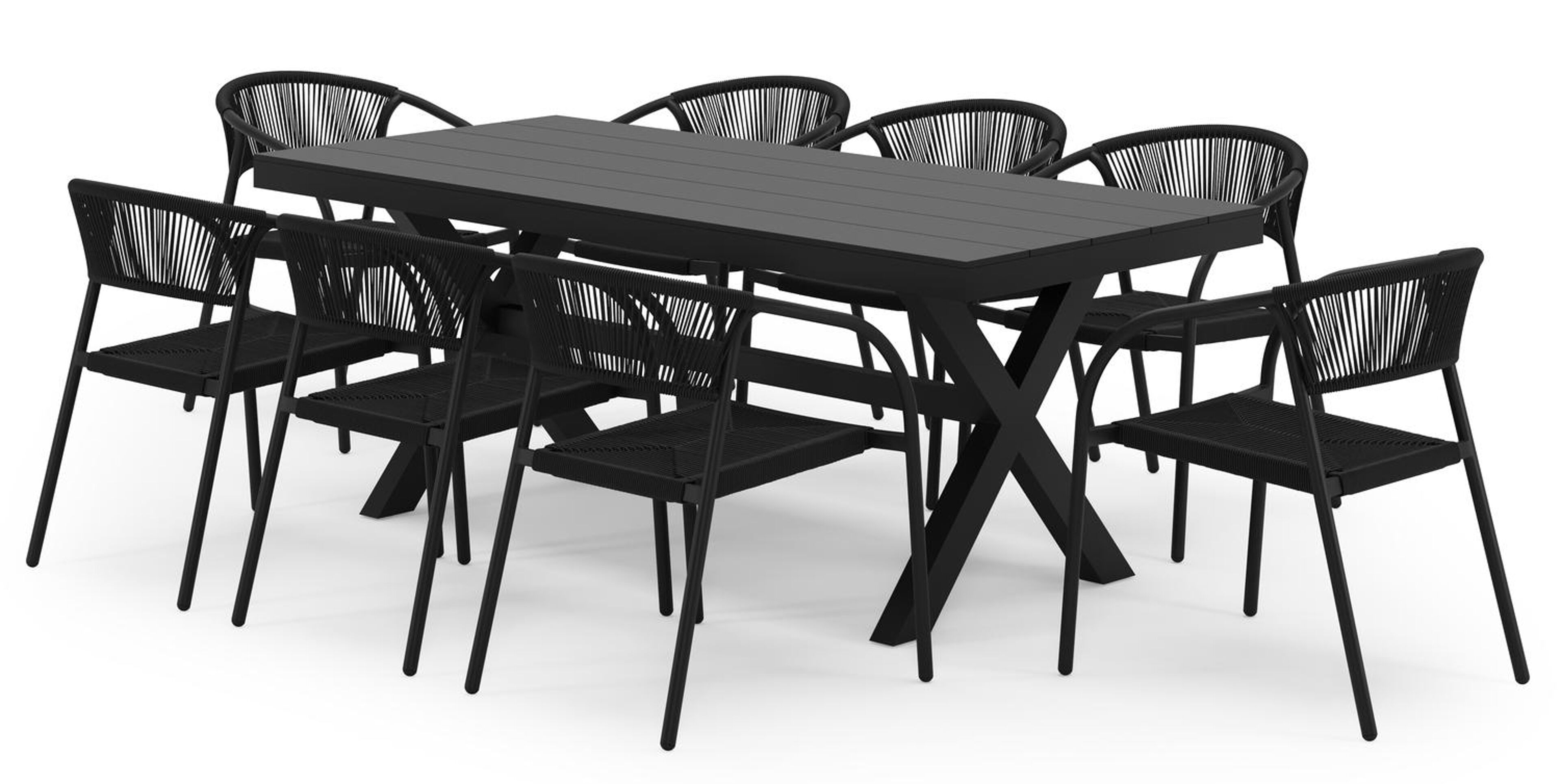 Bahia tuinset in zwart aluminium met 8 stapelbare Melo tuinstoelen