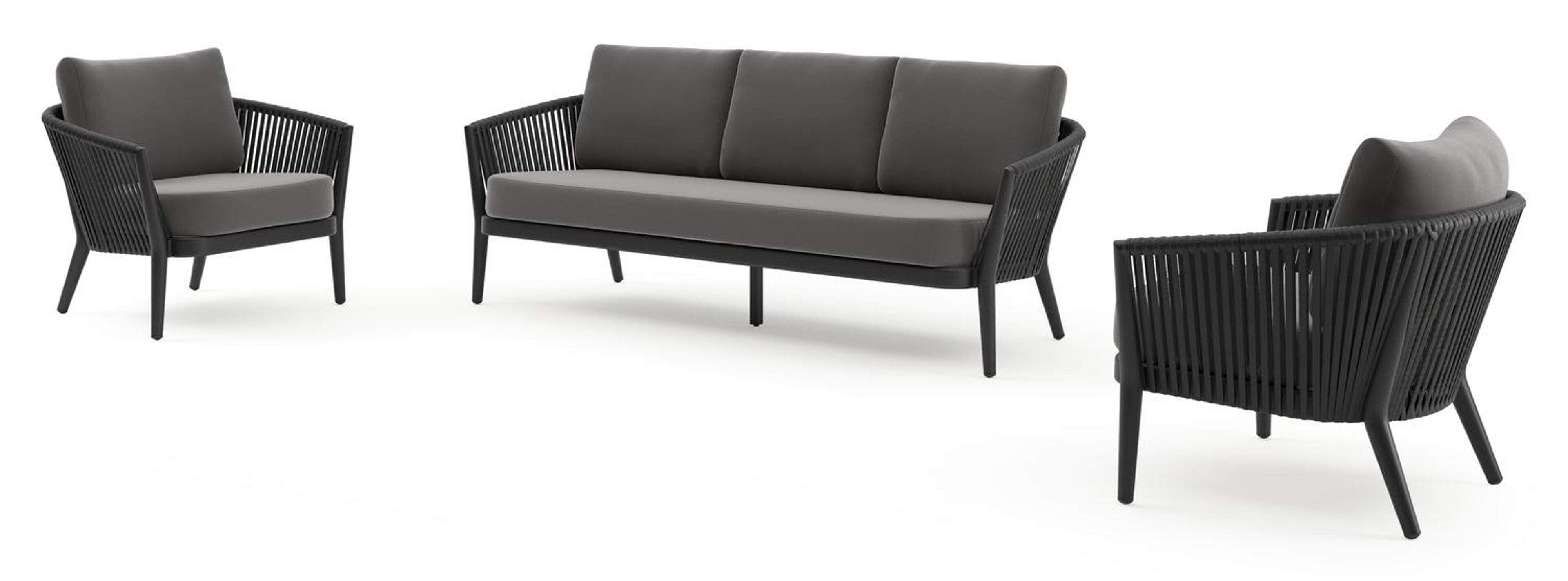 Salon de jardin Orso en aluminium noir et aluminium avec coussins All Weather Sunbrella® Luxe natte charcoal chine et table de basse