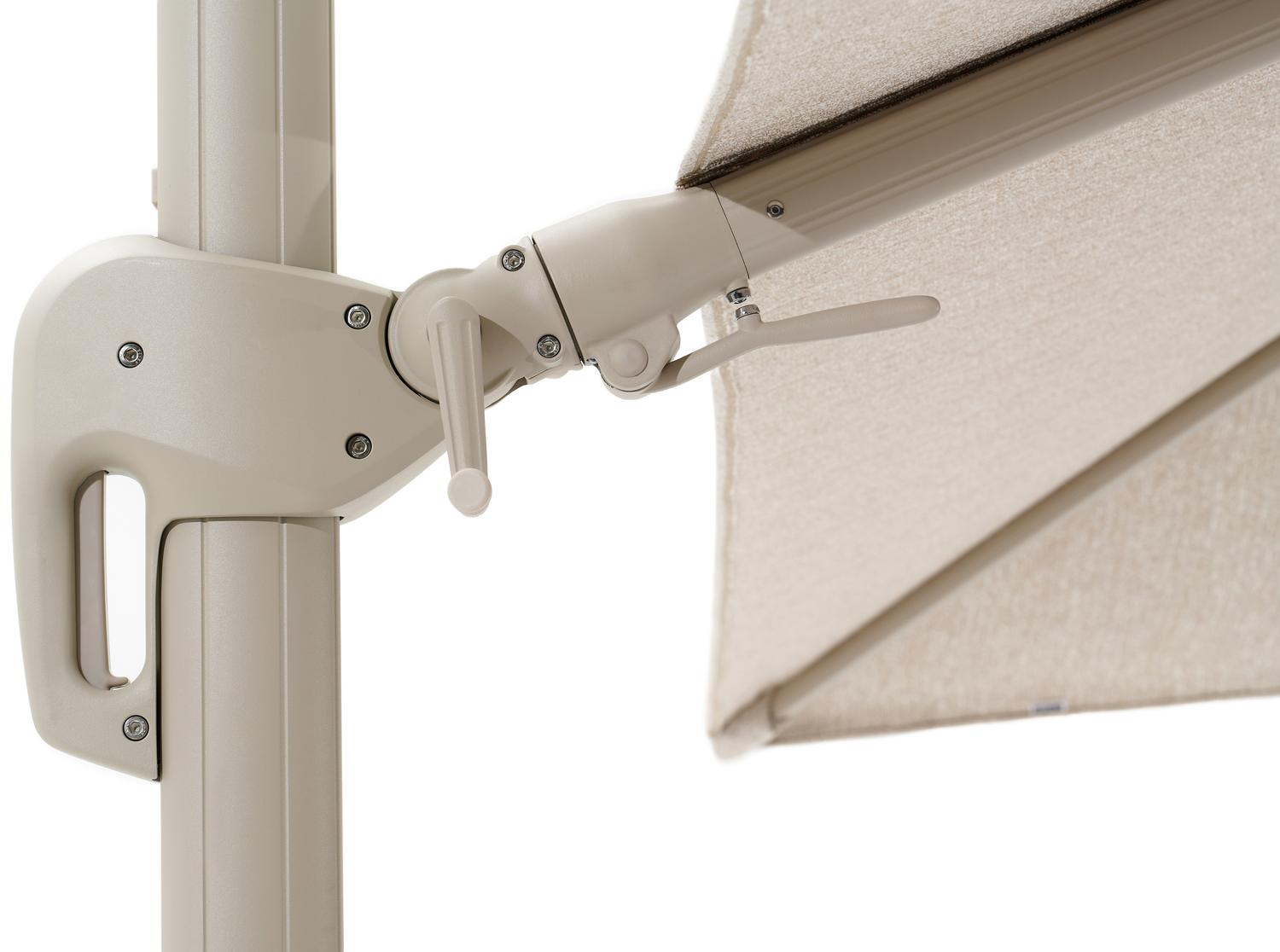 Rufina zweefparasol met tiltfunctie in beige aluminium en Sunbrella Luxe Tundra Sand parasoldoek - L1 400 x L2 300 cm (zonder voet) (zonder voet)