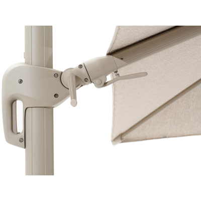 Rufina zweefparasol met tiltfunctie in beige aluminium en Sunbrella Luxe Tundra Sand parasoldoek met Minore beige parasolvoet 260 kg - L1 400 x L2 300 cm