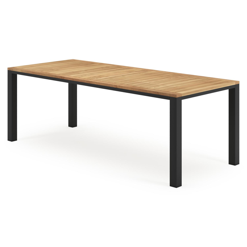 Varese tuinset in zwart aluminium en naturel teak tafelblad met 6 stapelbare Amalfi tuinstoelen