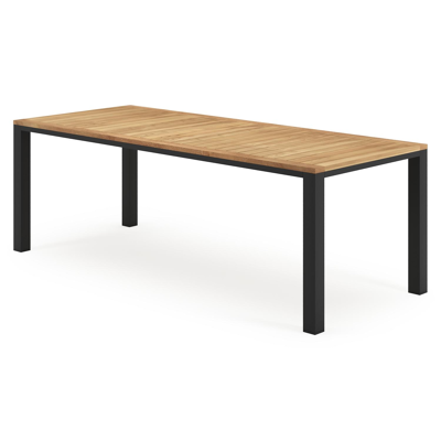 Varese tuinset in zwart aluminium en naturel teak tafelblad met 6 stapelbare Amalfi tuinstoelen