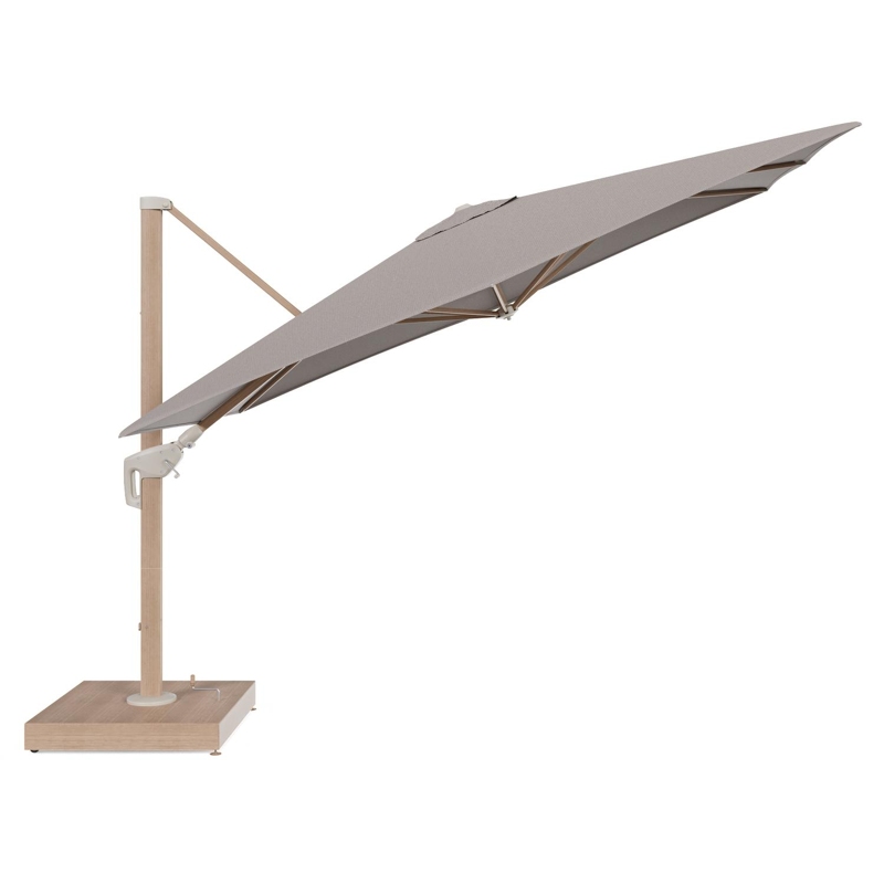Minore zweefparasol met tiltfunctie in houtlook aluminium en Lopi Pepper All Weather Sunbrella® Luxe parasoldoek - L1 280 x L2 370 cm met parasolvoet Minore 260 kg met wielen
