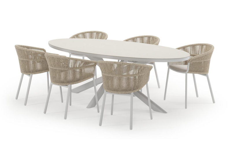 Pamplona ovale tuinset in wit aluminium en sintered stone crema minerale met 6 Matera tuinstoelen