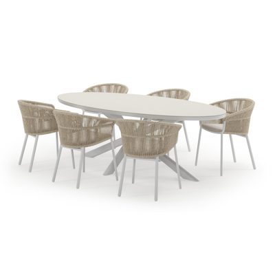 Pamplona ovale tuinset in wit aluminium en sintered stone crema minerale met 6 Matera tuinstoelen