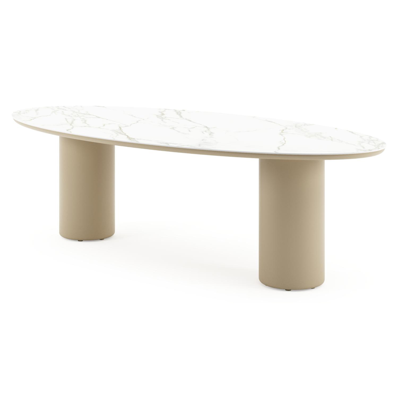 Table de jardin Amico oval en aluminium beige et céramique pleine Calacatta - Lg. 260 x Lrg. 125 x Haut. 74 cm