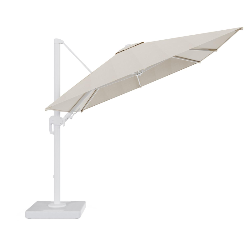 Rufina zweefparasol tiltfunctie in wit aluminium en parasoldoek in All Weather Sunbrella® Premium Beige - L1 350 x L2 250 cm met parasolvoet Lapido 160 kg