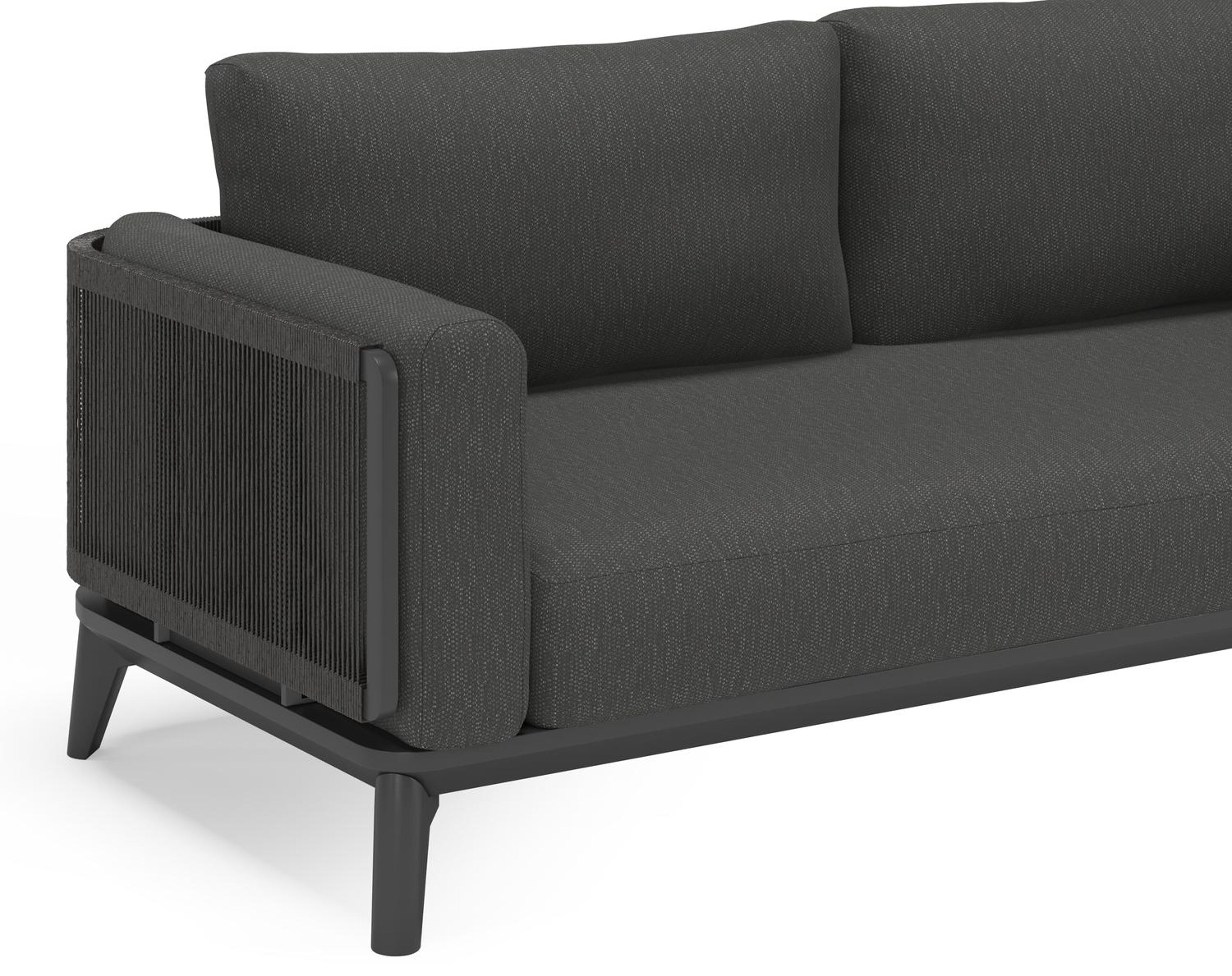 Mosa loungeset in zwart aluminium en zwart gedraaide ronde wicker met sky black weather+ softtouch kussens en loungetafel