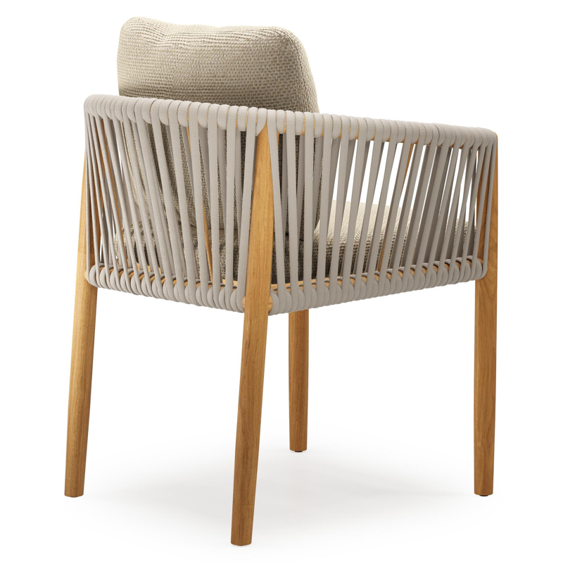 Organo tuinstoel in teak en beige verticaal geweven luxe vlakke rope met zitkussen in All Weather Cosytica Althea Camel