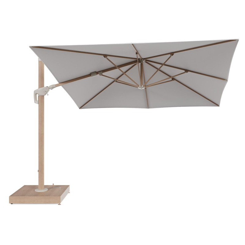 Minore zweefparasol met tiltfunctie in houtlook aluminium en Ego Eggshell All Weather Solica parasoldoek - L1 350 x L2 350 cm met parasolvoet Minore 260 kg met wielen