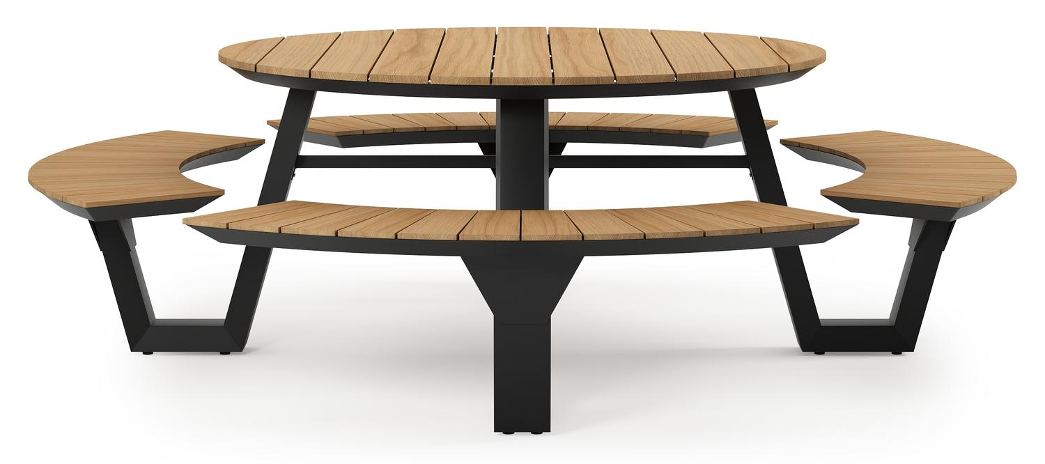 Rondino picknicktafel in zwart aluminium en teak tafelblad - Dia. 148 cm