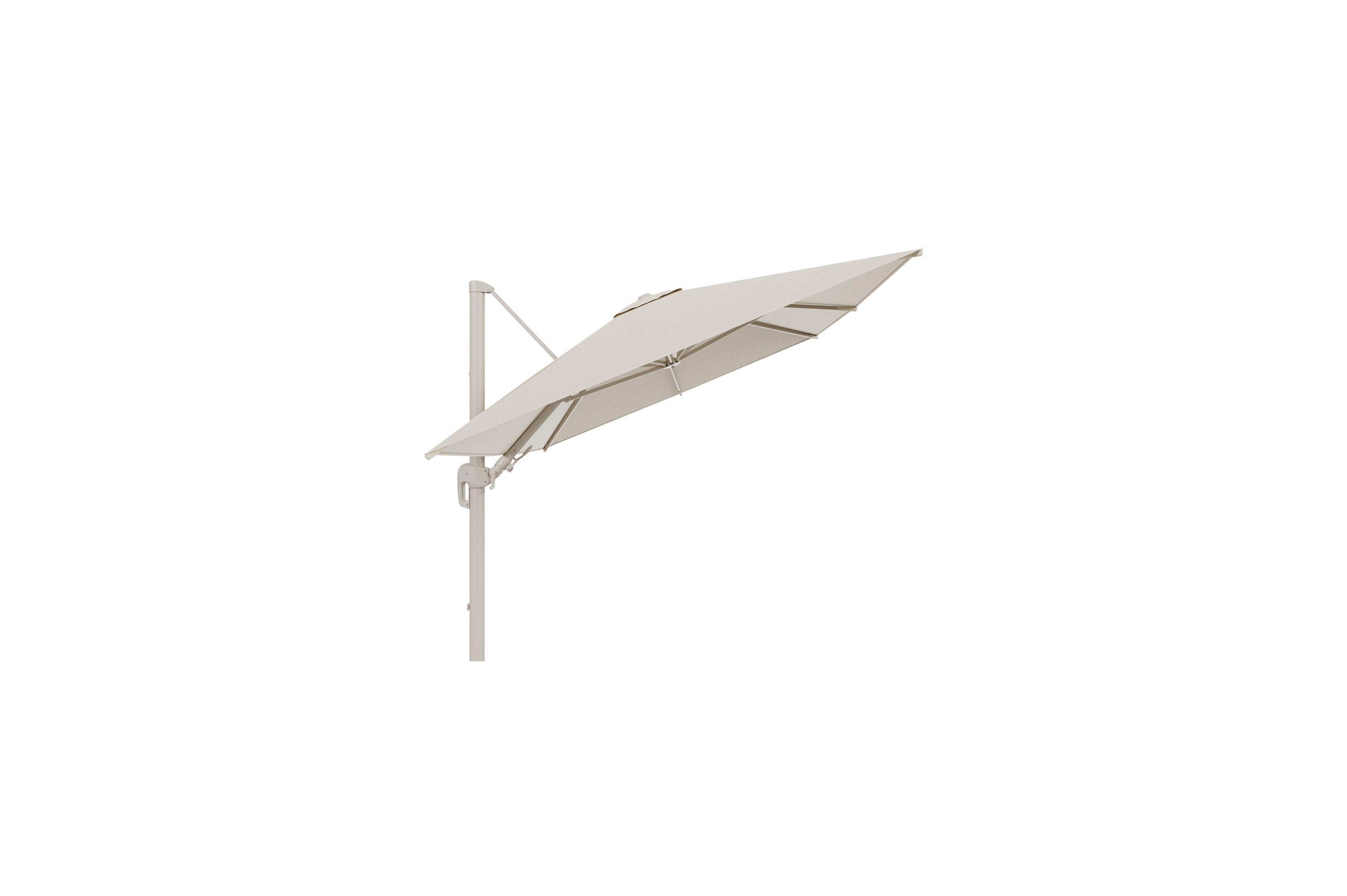 Rufina zweefparasol met tiltfunctie in beige aluminium met beige all weather sunbrella® premium parasoldoek - L1 350 x L2 250 cm (zonder voet)
