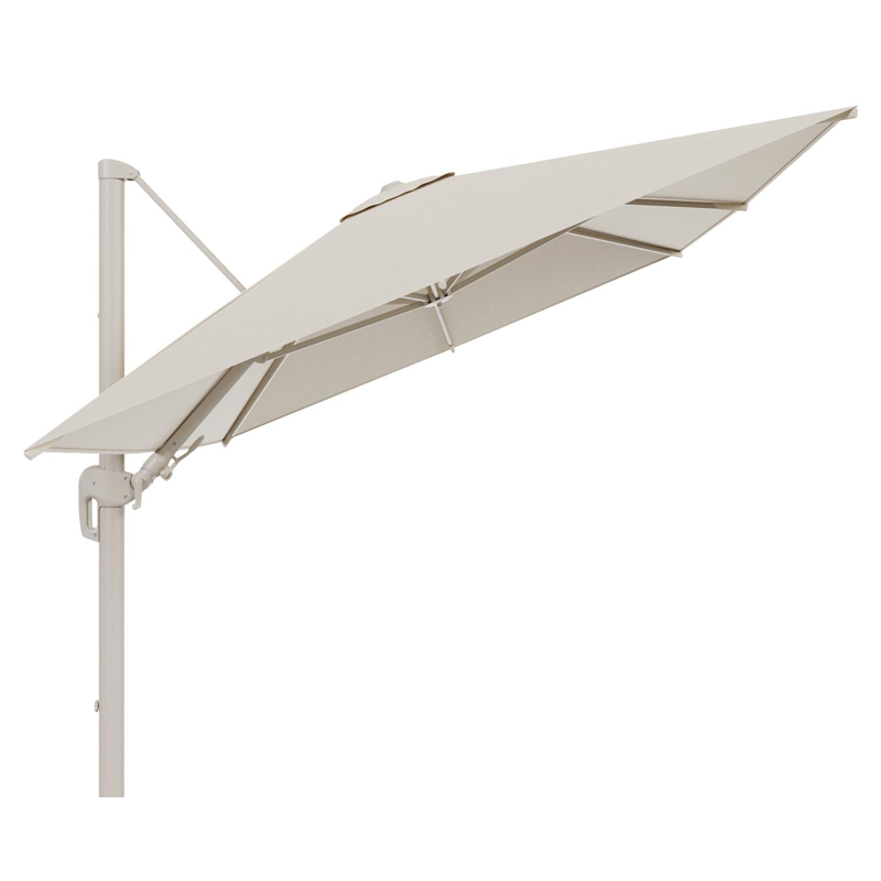 Rufina zweefparasol met tiltfunctie in beige aluminium met beige all weather sunbrella® premium parasoldoek - L1 350 x L2 250 cm (zonder voet)
