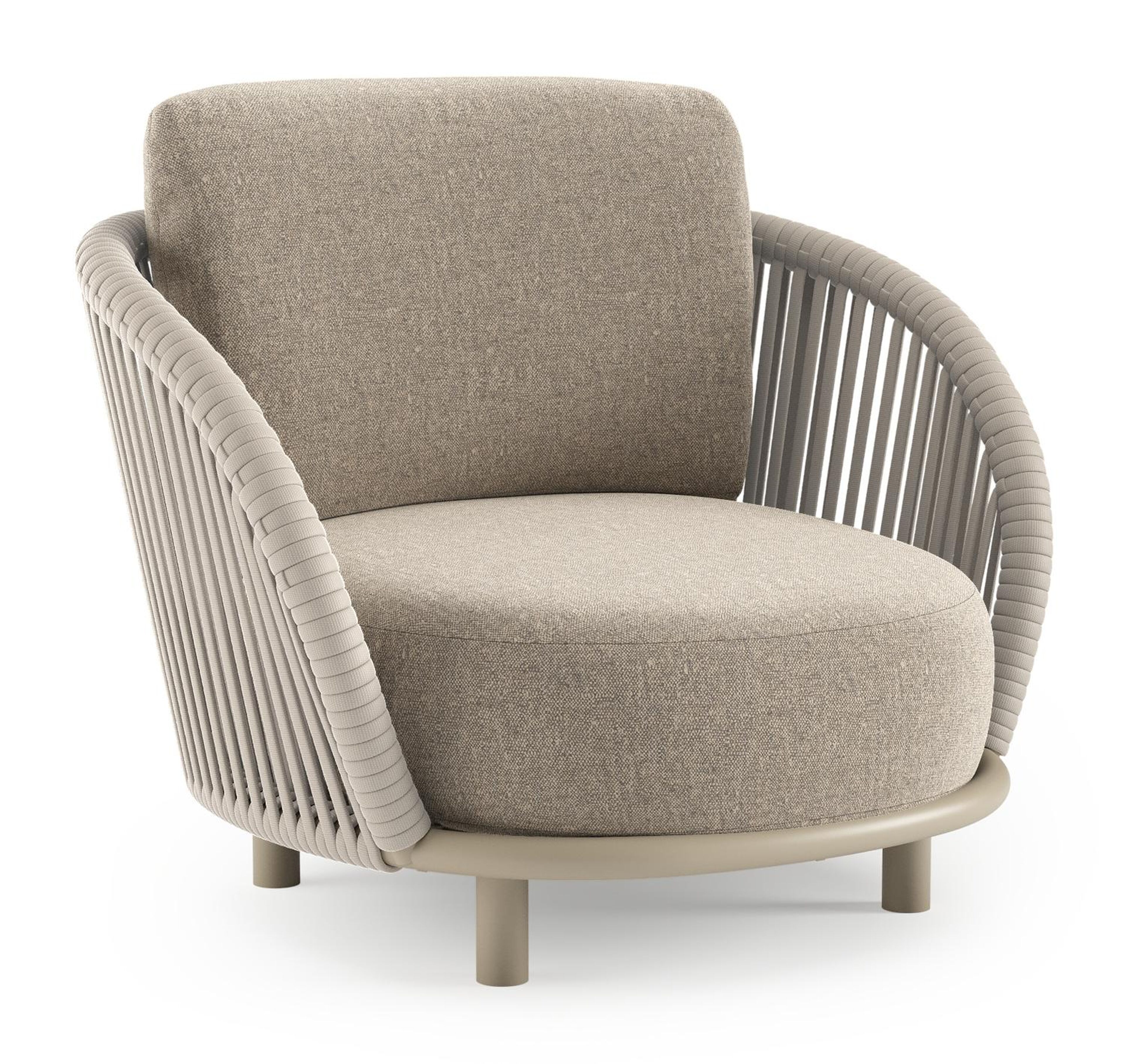 Fauteuil de jardin Lupino en aluminium beige et corde large plate de luxe tissée verticalement beige et coussins en all weather sunbrella® luxe chartres pewter