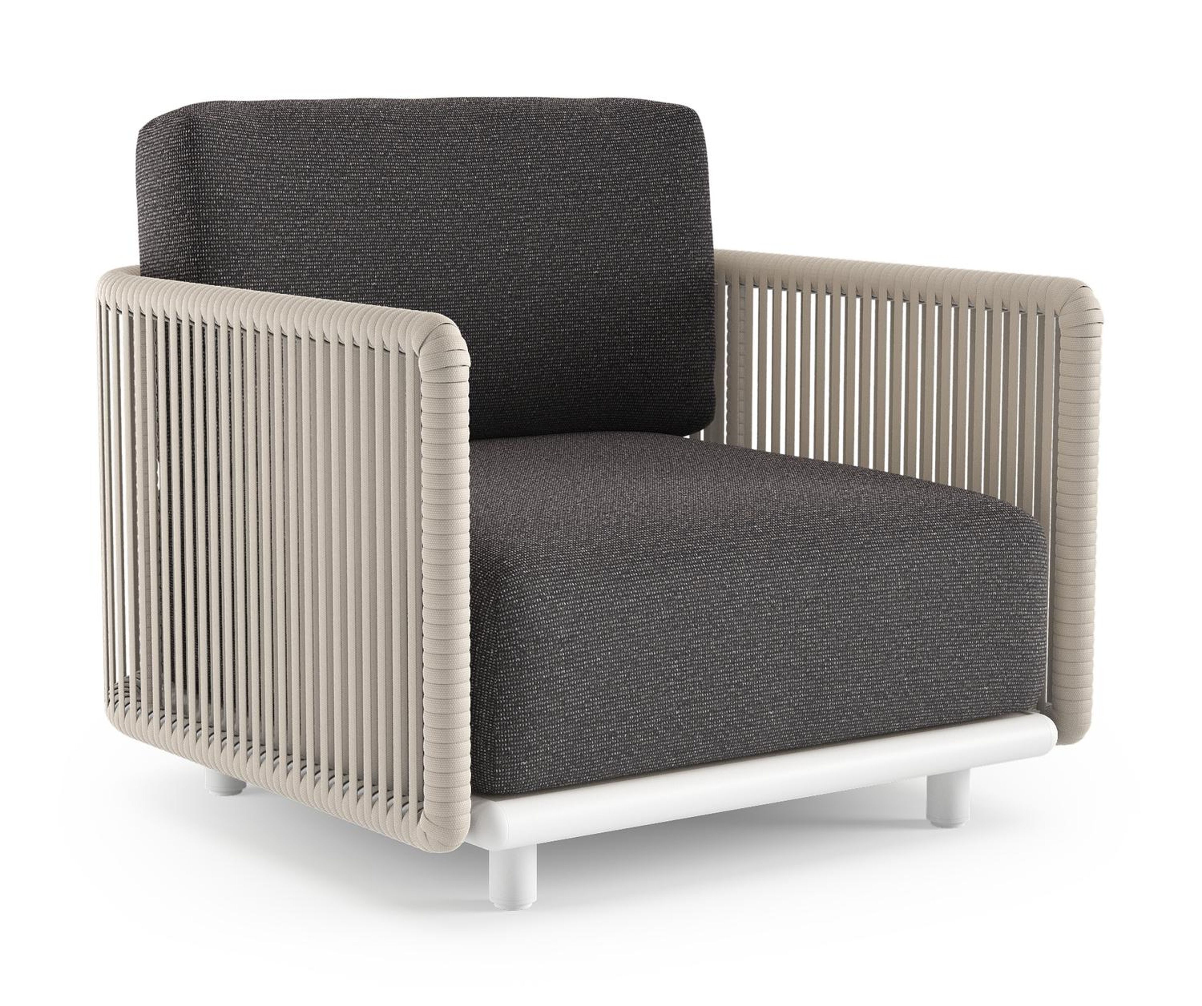 Organo loungestoel in wit aluminium en beige verticaal geweven luxe vlakke rope met firenze tunder all weather Solica kussen