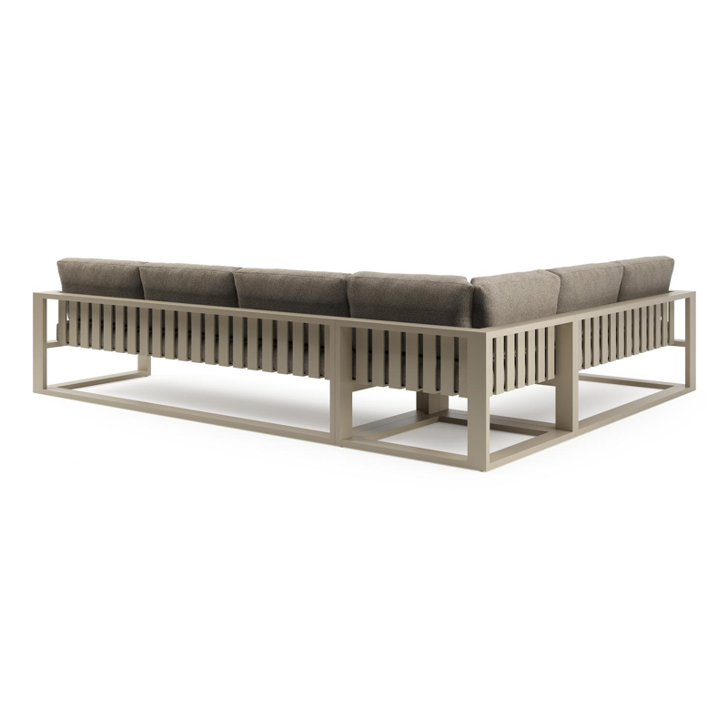 Verato loungehoek in beige aluminium met madagascar burch all weather cosytica kussen