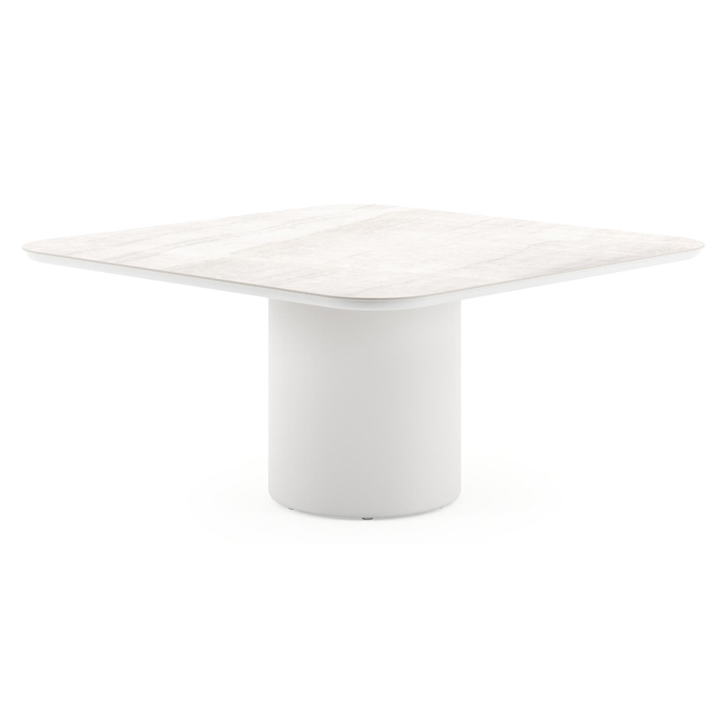 Table de jardin Amico carré arrondi en aluminium blanc et céramique pleine Taj Mahal - Lg. 148 x Lrg. 148 x Haut. 73.5 cm