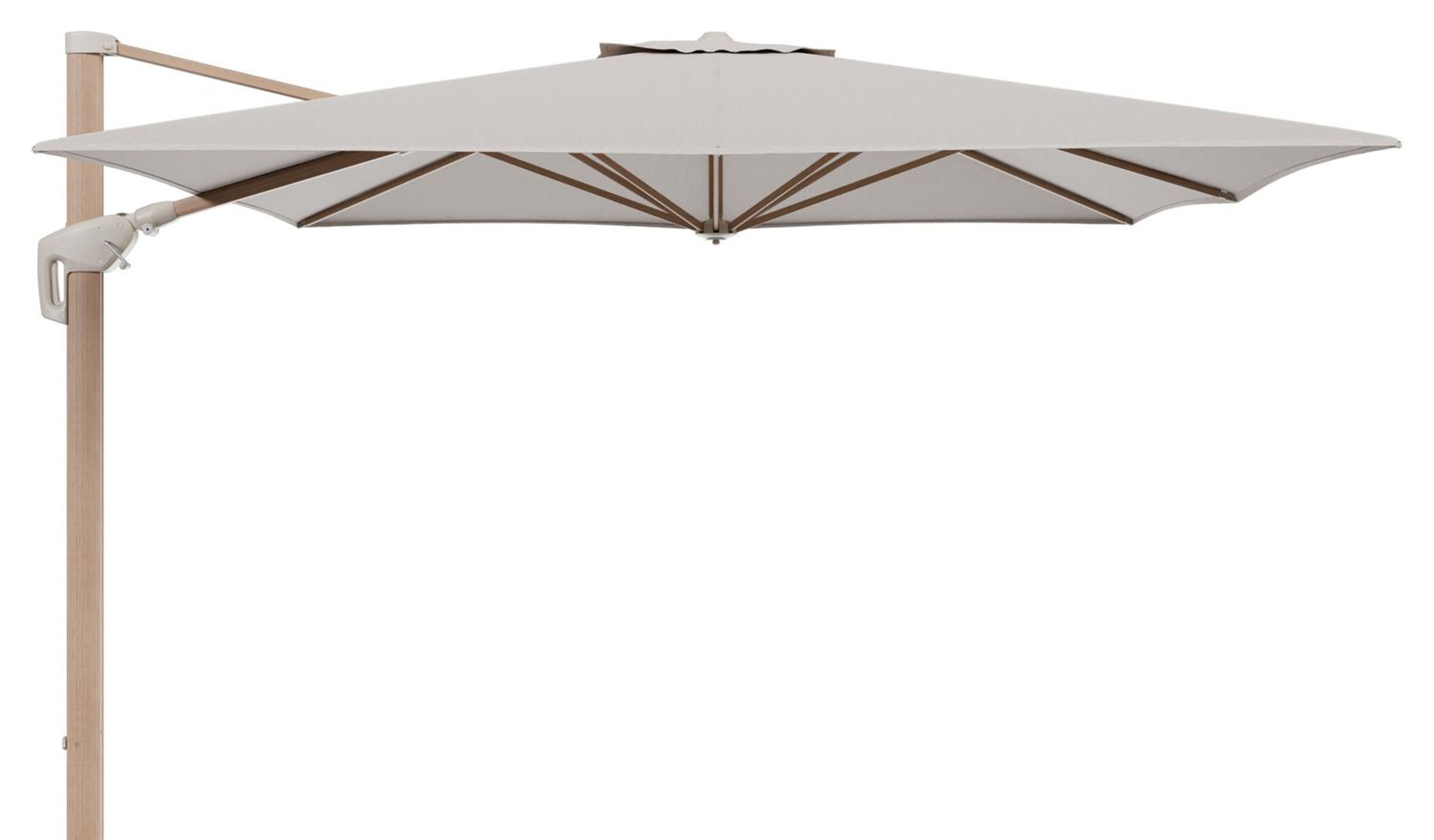 Minore zweefparasol met tiltfunctie in houtlook aluminium en Slow Farafra All Weather Sunbrella® Luxe parasoldoek - L1 350 x L2 350 cm (zonder voet) (zonder voet)