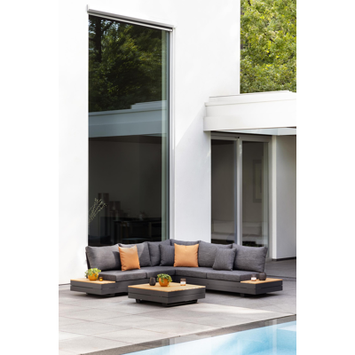 Bodino loungehoek in zwart aluminium en teak met sky black weather+ softtouch kussens