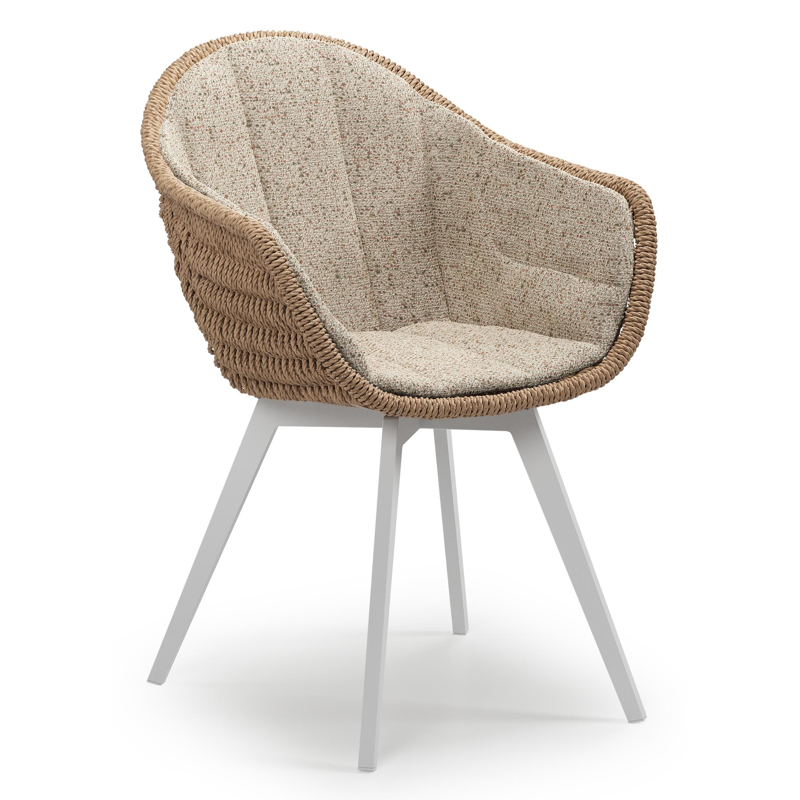 Pagino tuinstoel in wit aluminium en naturel ronde wicker met zitkussen in All Weather Cosytica Bora Jungle