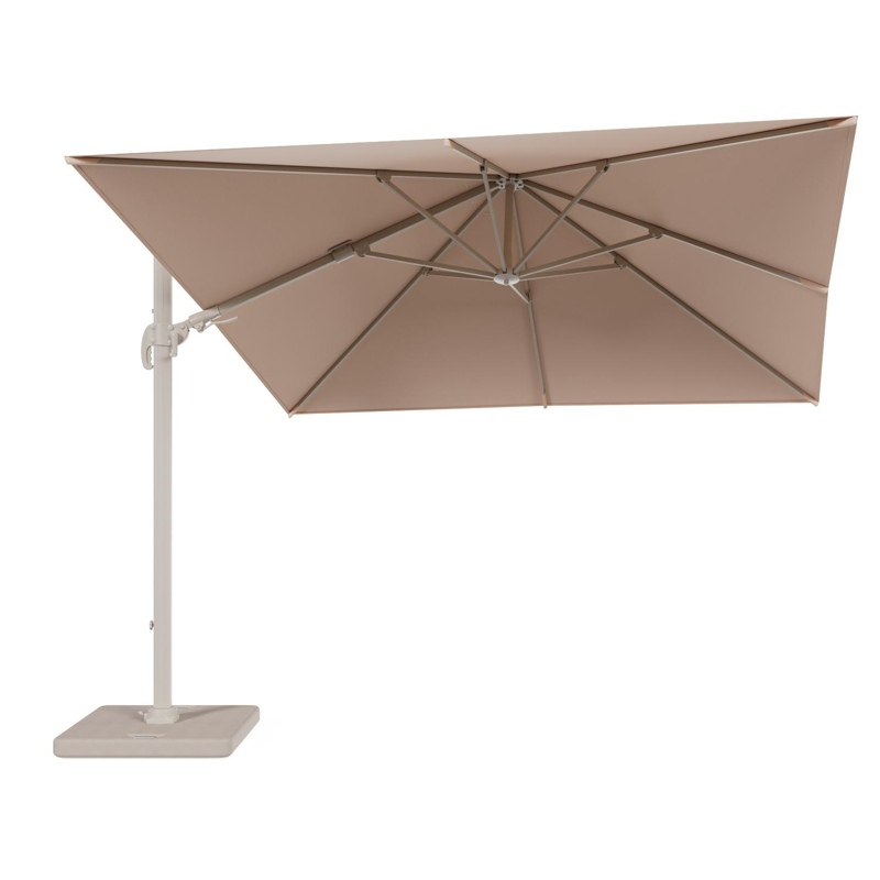Avola zweefparasol met tiltfunctie in beige aluminium en Natte Linen Chalk Sunbrella Premium parasoldoek - L1 300 x L2 300 cm - met parasolvoet Pedito 120 kg