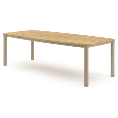 Table de jardin Orso forme de bateau en aluminium beige et teck - Lg. 255 x Lrg. 115 x Haut. 74.5 cm