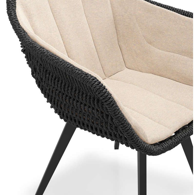 Pagino tuinstoel in zwart aluminium en zwart ronde wicker met zitkussen in All Weather Sunbrella® Luxe Heritage Papyrus