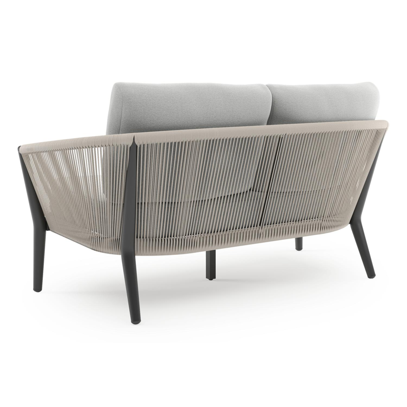 Orso loungebank in zwart aluminium en beige verticaal geweven ronde rope met Natte Grey Chine all weather sunbrella® luxe kussen