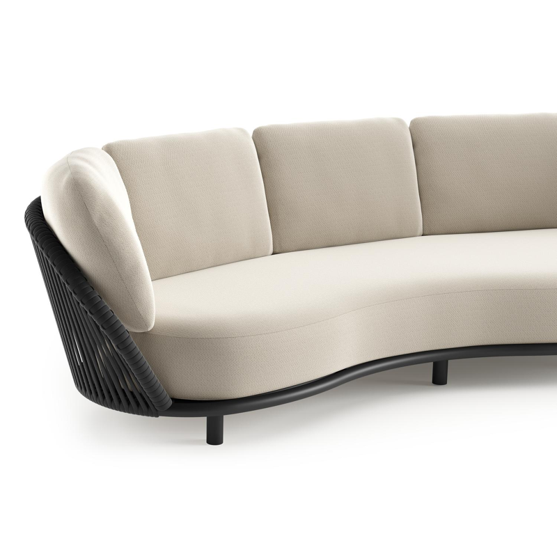 Lupino loungebank in zwart aluminium en zwart verticaal geweven luxe vlakke brede rope met lopi marble all weather sunbrella® luxe kussen