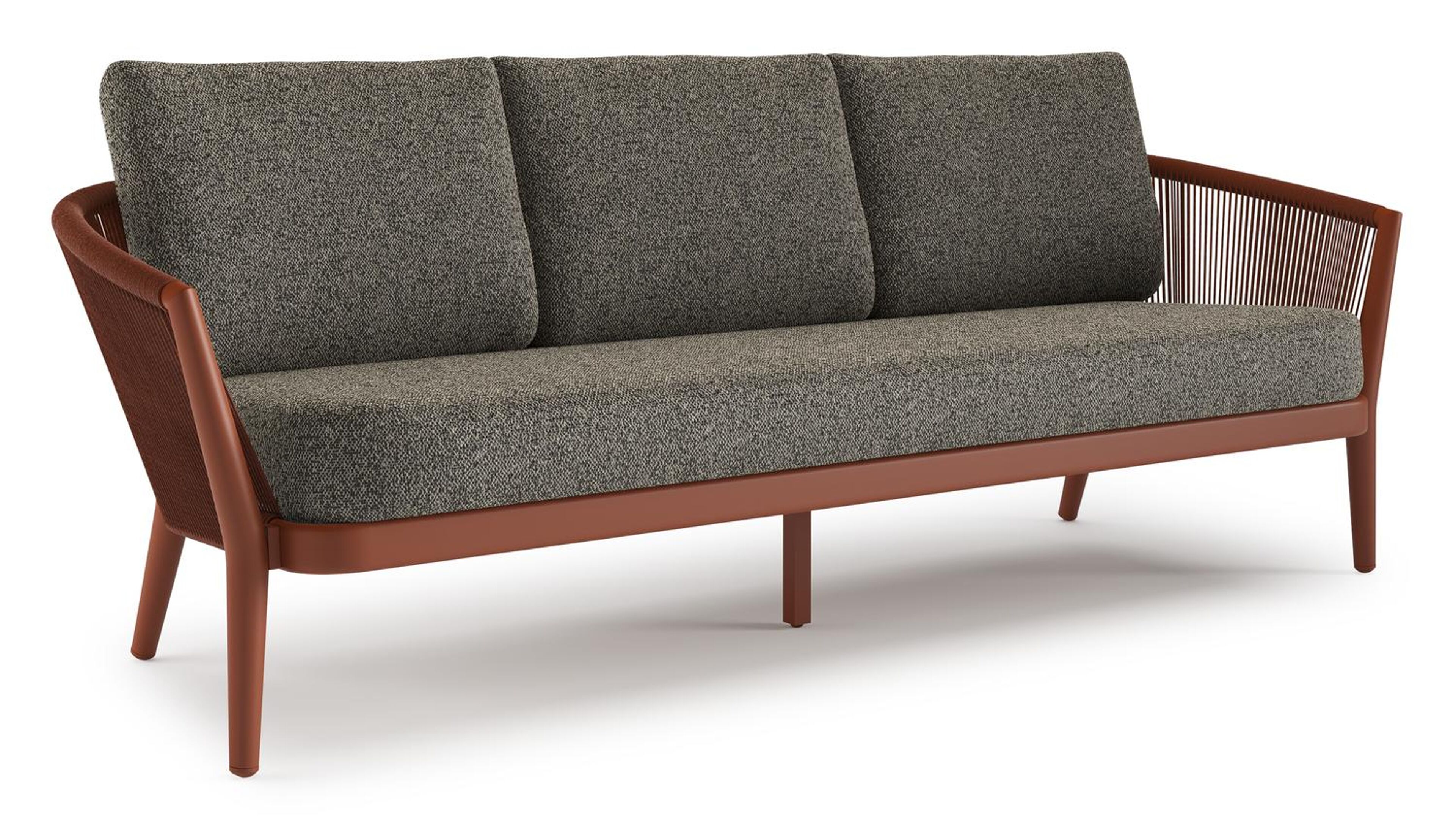 Orso loungebank in roestbruin aluminium en roestbruin verticaal geweven ronde rope met Marbella Tunder all weather cosytica kussen