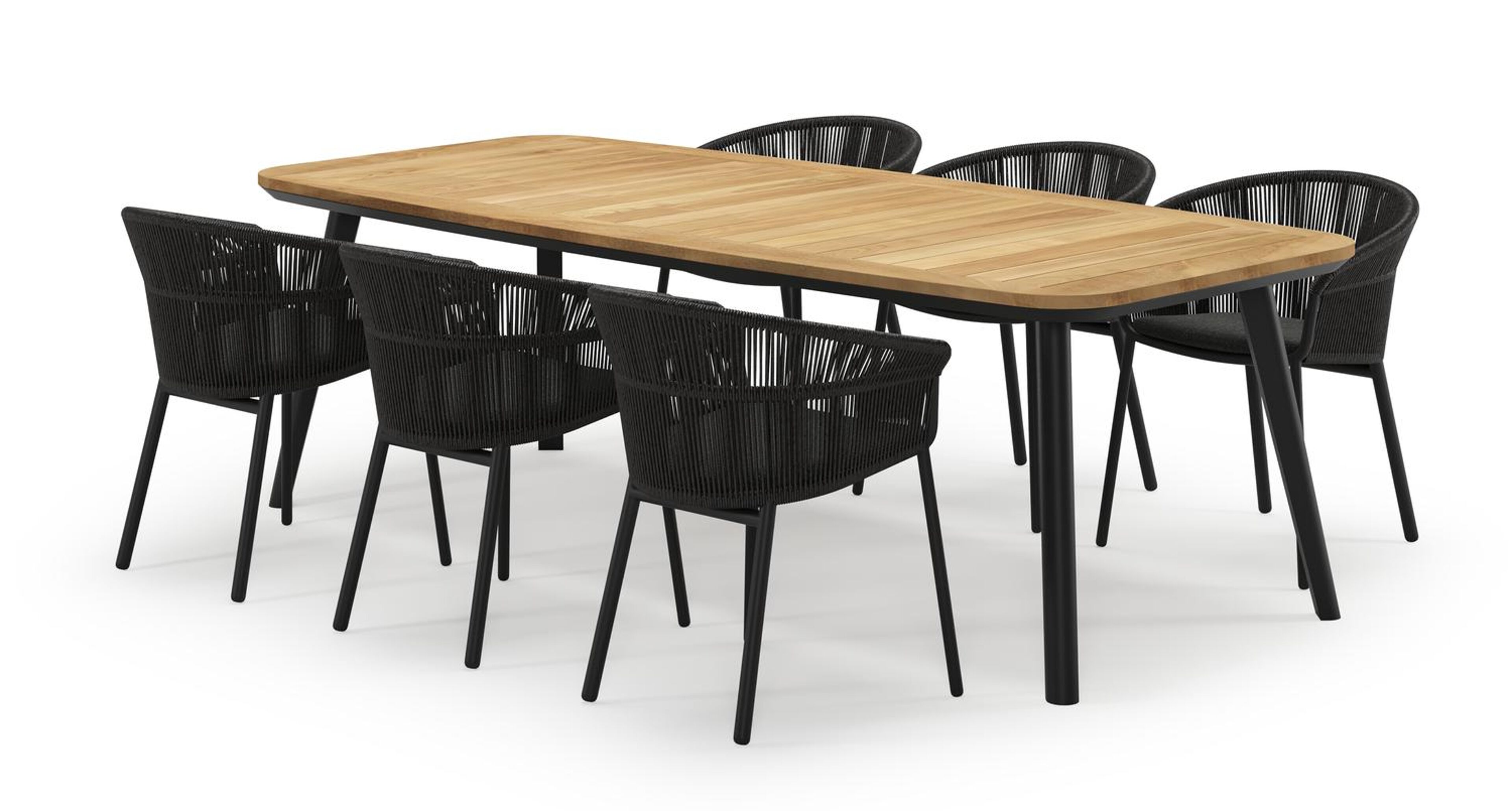 Mosa bootvormige tuinset in zwart aluminium en teak natural finish met 6 Matera tuinstoelen