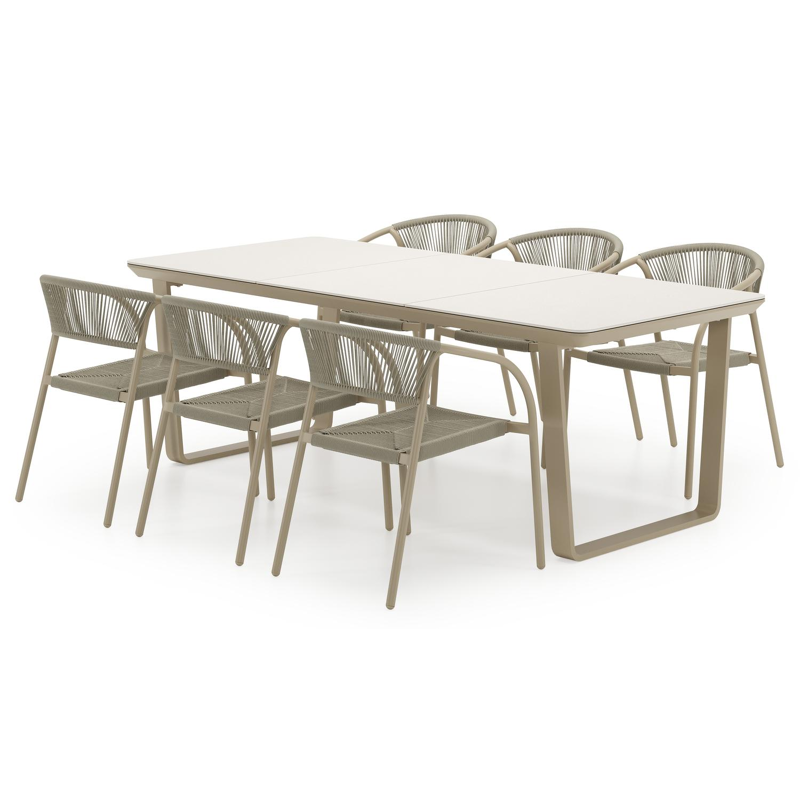 Ensemble de jardin Alora en aluminium beige et sintered stone beige avec 6 chaises de jardin empilable Melo