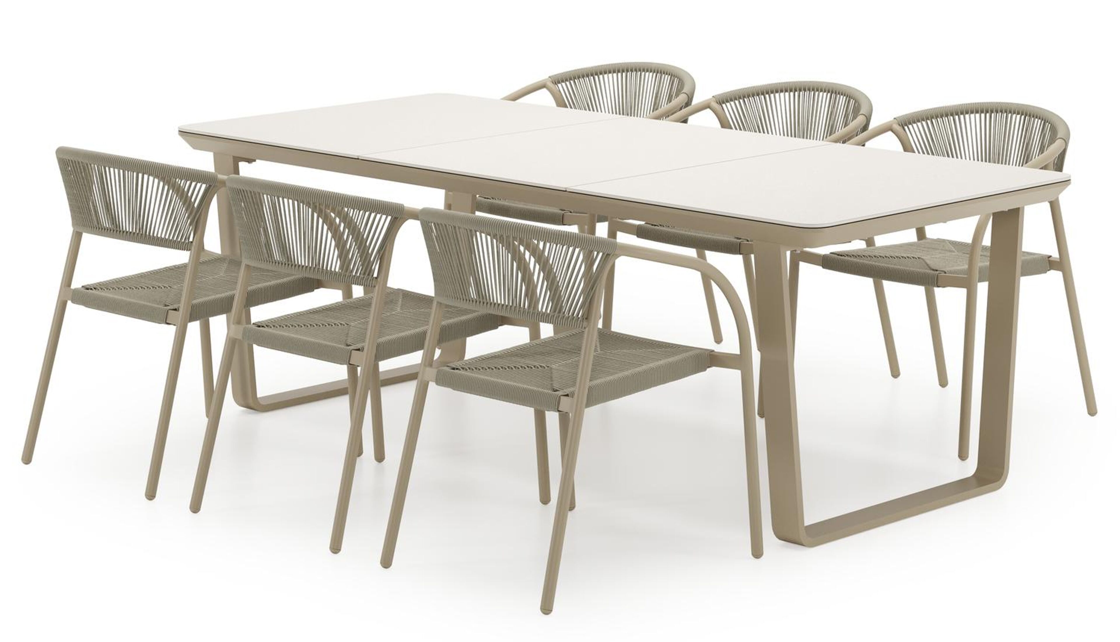 Ensemble de jardin Alora en aluminium beige et sintered stone beige avec 6 chaises de jardin empilable Melo