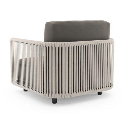 Fauteuil de jardin Organo en aluminium noir et corde luxe plate tissée verticalement beige et coussin en all weather Sunbrella® luxe natte dark taupe