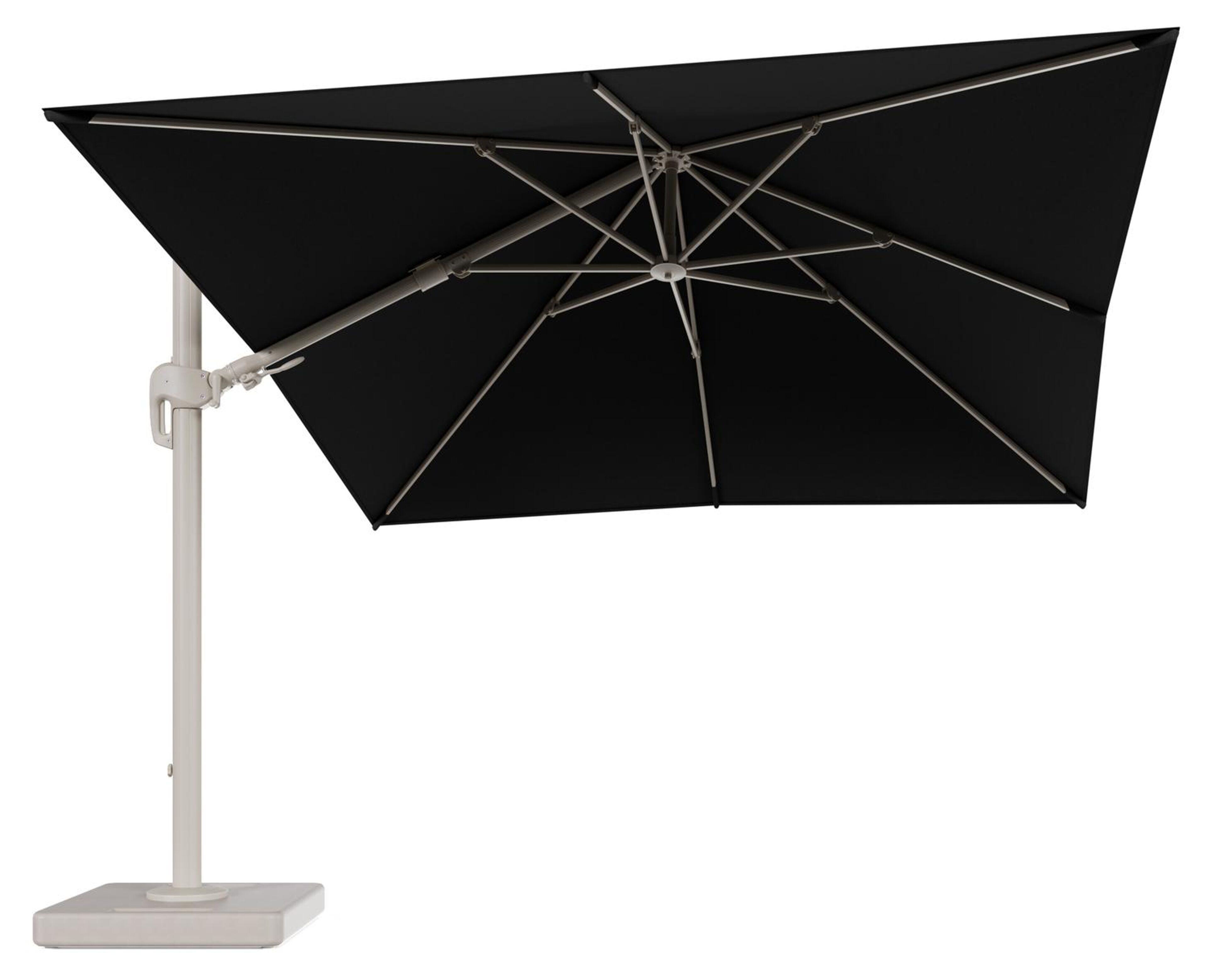 Rufina zweefparasol tiltfunctie in beige aluminium en parasoldoek in All Weather Sunbrella® Luxe Natte Sooty - L1 300 x L2 300 cm met parasolvoet Lapido 160 kg