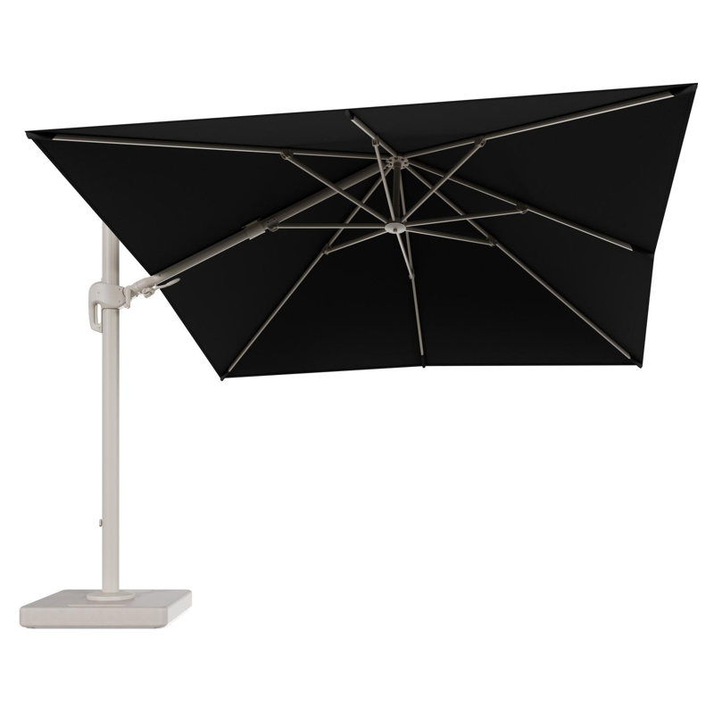 Rufina zweefparasol tiltfunctie in beige aluminium en parasoldoek in All Weather Sunbrella® Luxe Natte Sooty - L1 300 x L2 300 cm met parasolvoet Lapido 160 kg