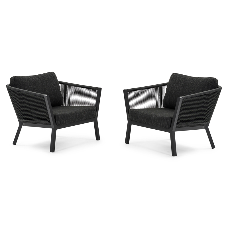 Set van 2 Cordoba loungestoelen 1-zit in zwart aluminium en verticaal geweven ronde rope met sky black weather+ softtouch kussen
