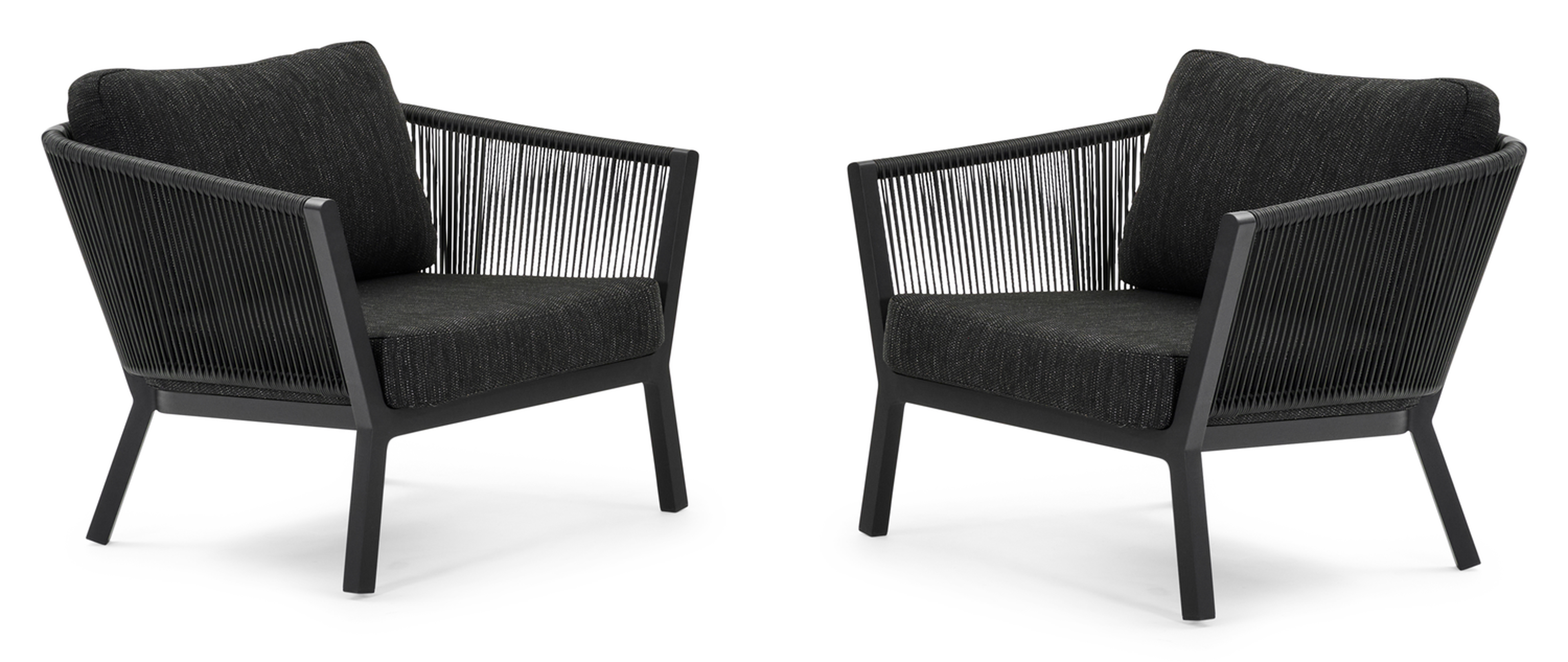 Set van 2 Cordoba loungestoelen 1-zit in zwart aluminium en verticaal geweven ronde rope met sky black weather+ softtouch kussen