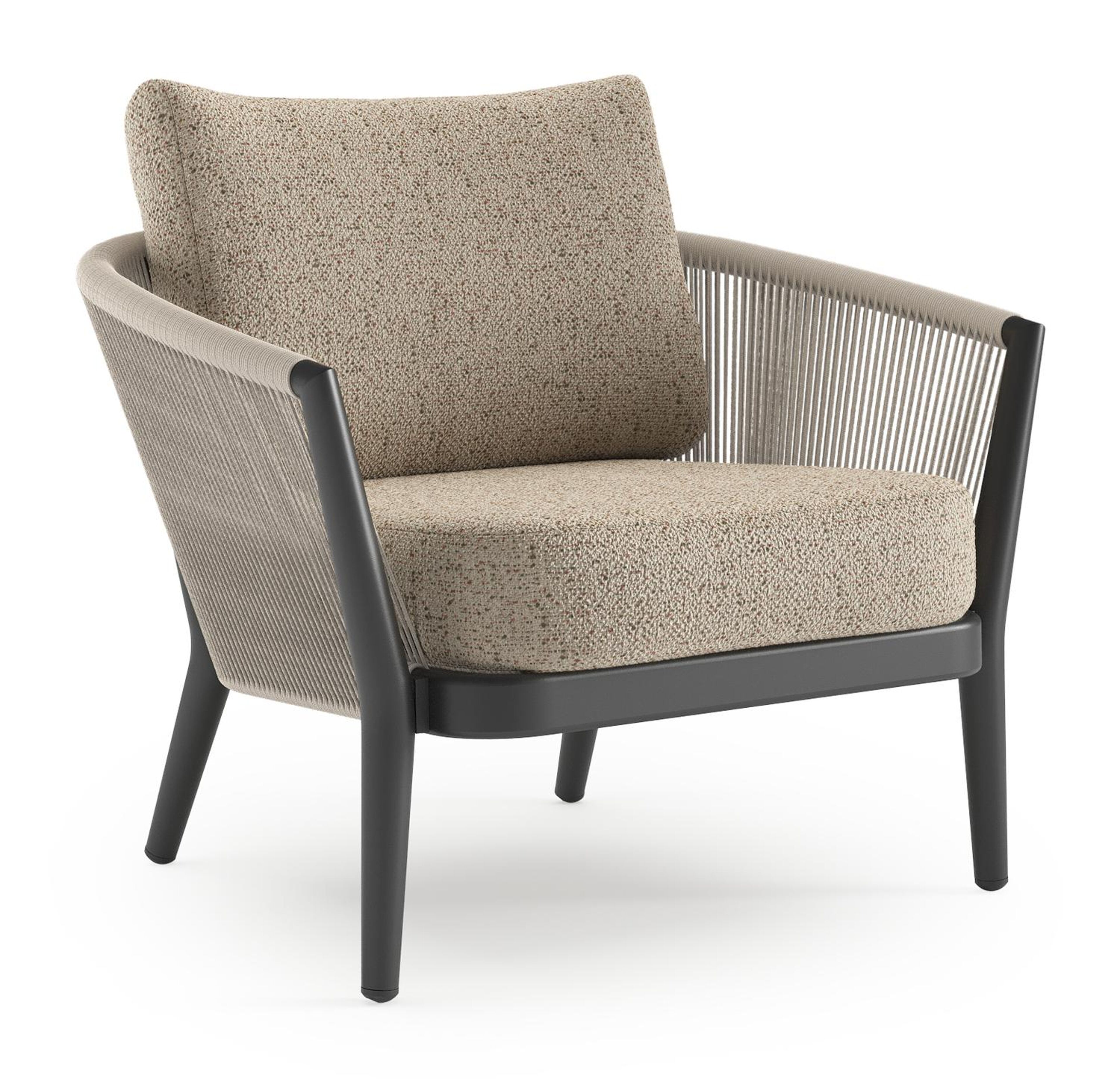 Fauteuil de jardin Orso en aluminium noir en corde ronde tissée verticalement beige et coussins en all weather cosytica Bora Jungle