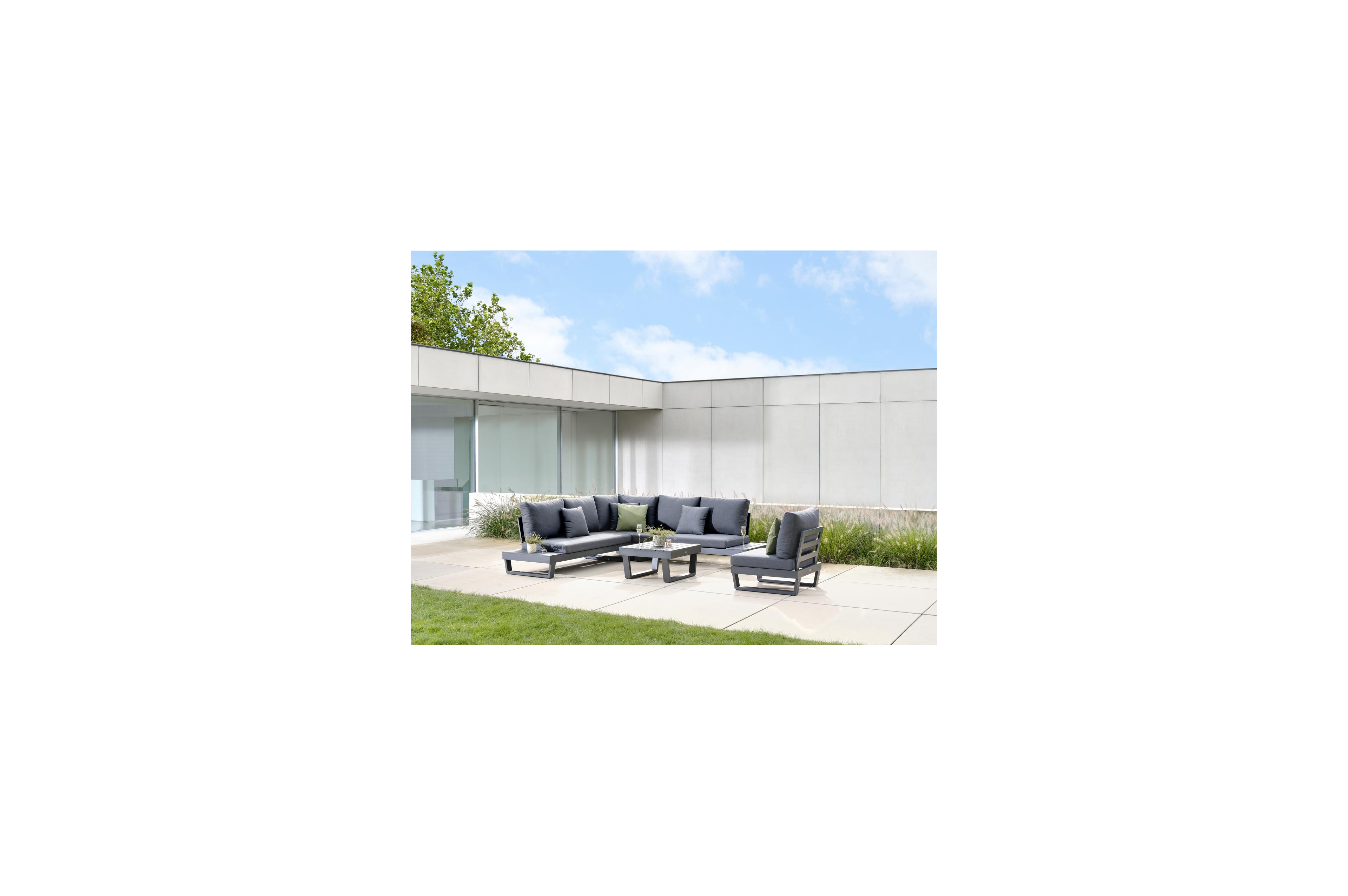 Modica loungehoek in zwart aluminium met natte sooty all weather sunbrella® premium kussens