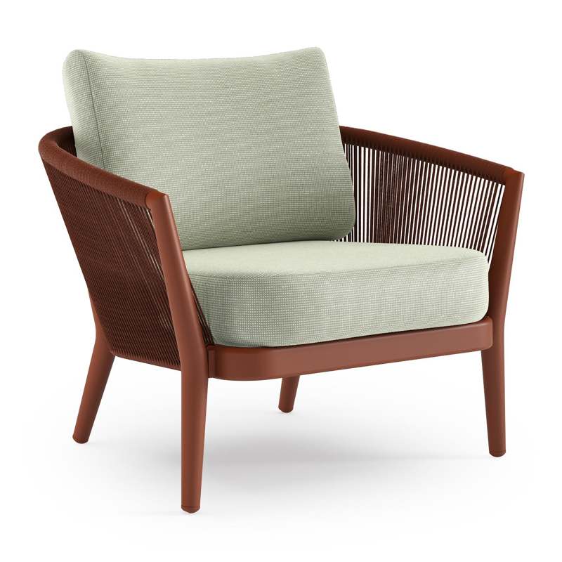 Fauteuil de jardin Orso en aluminium brun rouille en corde ronde tissée verticalement brun rouille et coussins en all weather sunbrella® luxe Slow Spirea