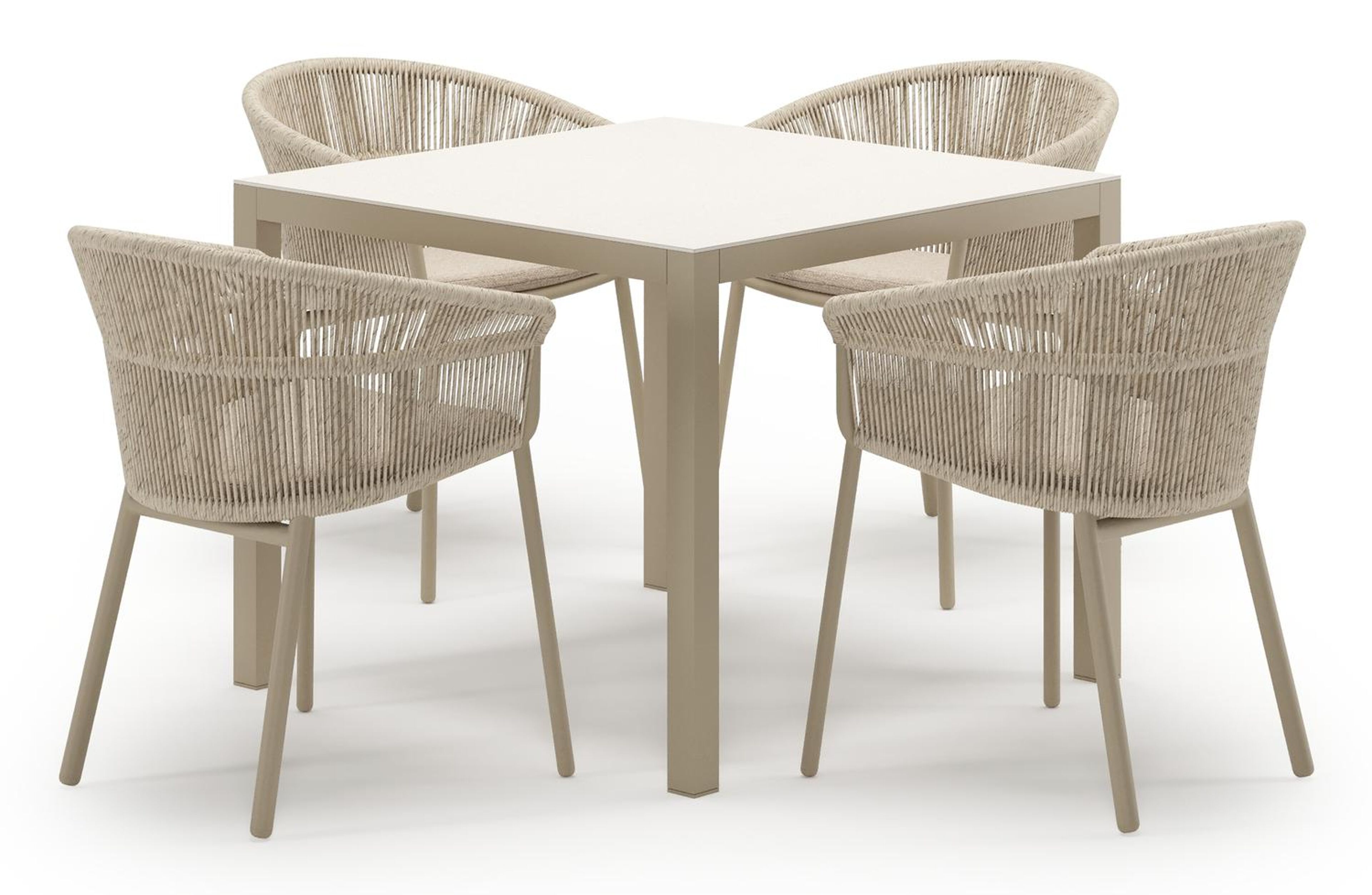 Feltro tuinset in beige aluminium en crema minerale sintered stone met 4 stapelbare Matera tuinstoelen
