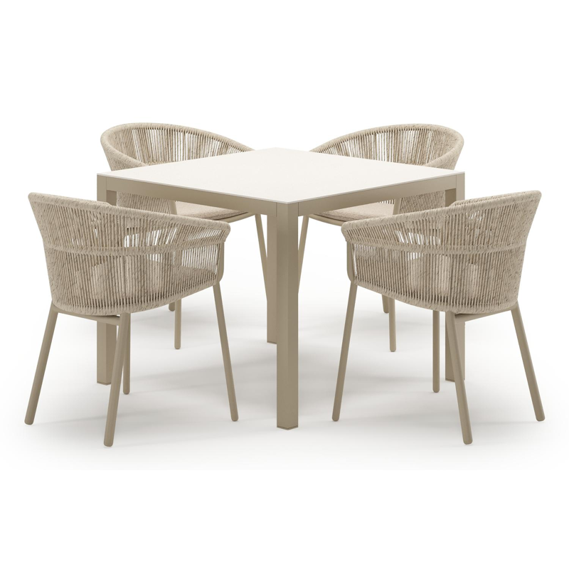 Feltro tuinset in beige aluminium en crema minerale sintered stone met 4 stapelbare Matera tuinstoelen