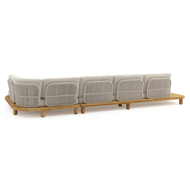 Donato loungehoek in teak en beige verticaal geweven ronde rope met all weather sunbrella® luxe Lopi Marble kussen