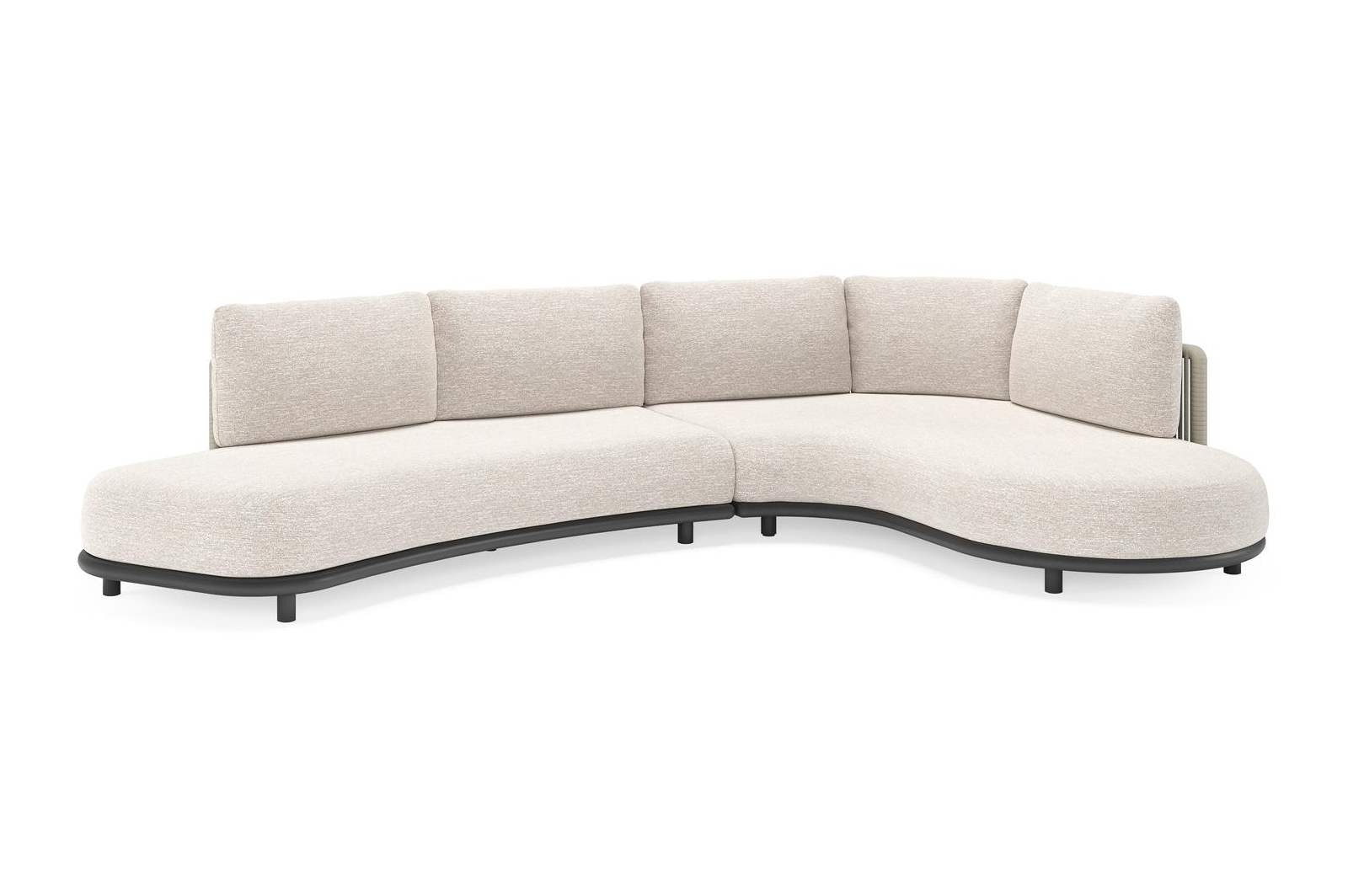 Lomano loungehoek in zwart aluminium en beige verticaal geweven luxe vlakke rope met Tundra Sand all weather sunbrella® luxe