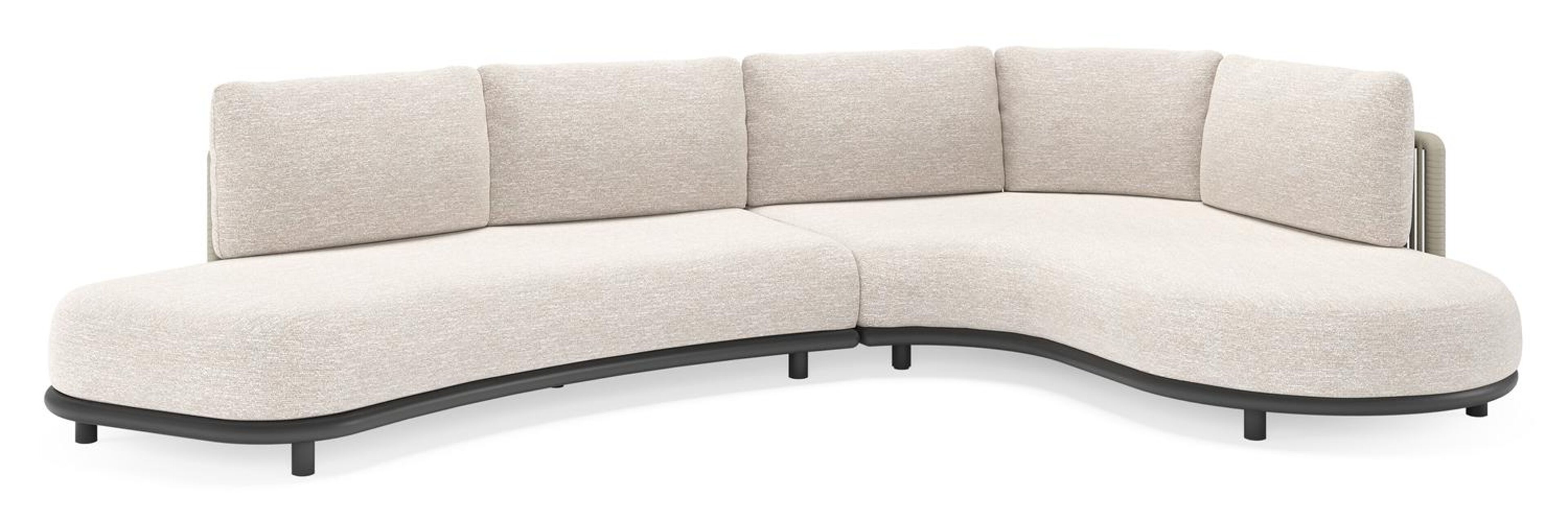 Lomano loungehoek in zwart aluminium en beige verticaal geweven luxe vlakke rope met Tundra Sand all weather sunbrella® luxe