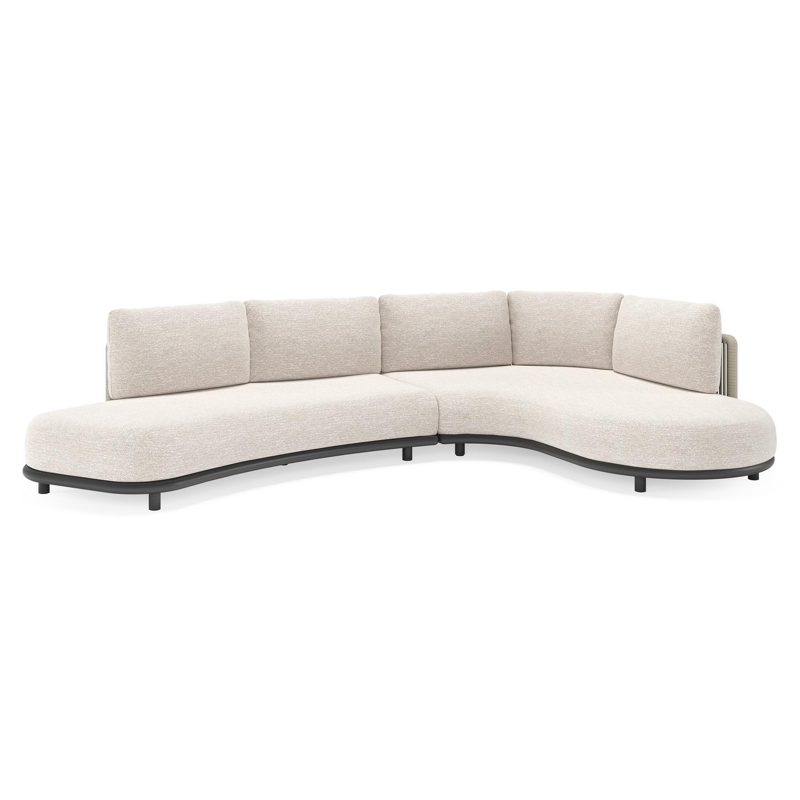 Lomano loungehoek in zwart aluminium en beige verticaal geweven luxe vlakke rope met Tundra Sand all weather sunbrella® luxe