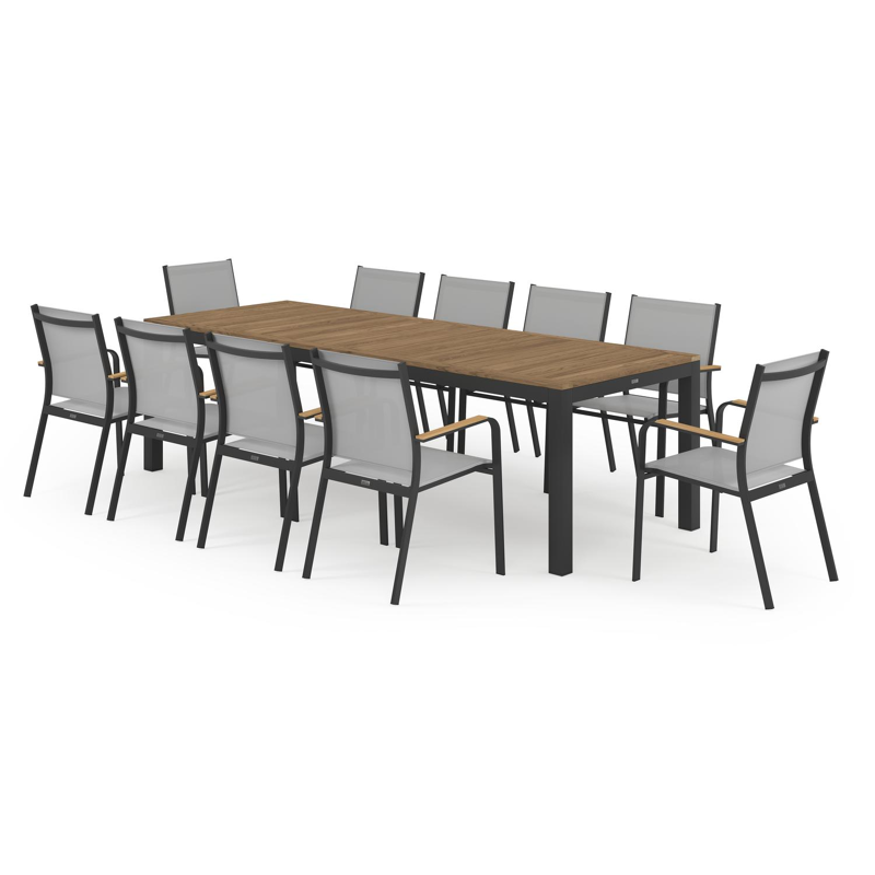 Ensemble de jardin Varese en aluminium noir avec plateau de table en teck naturel et 10 chaises de jardin empilables Amalfi