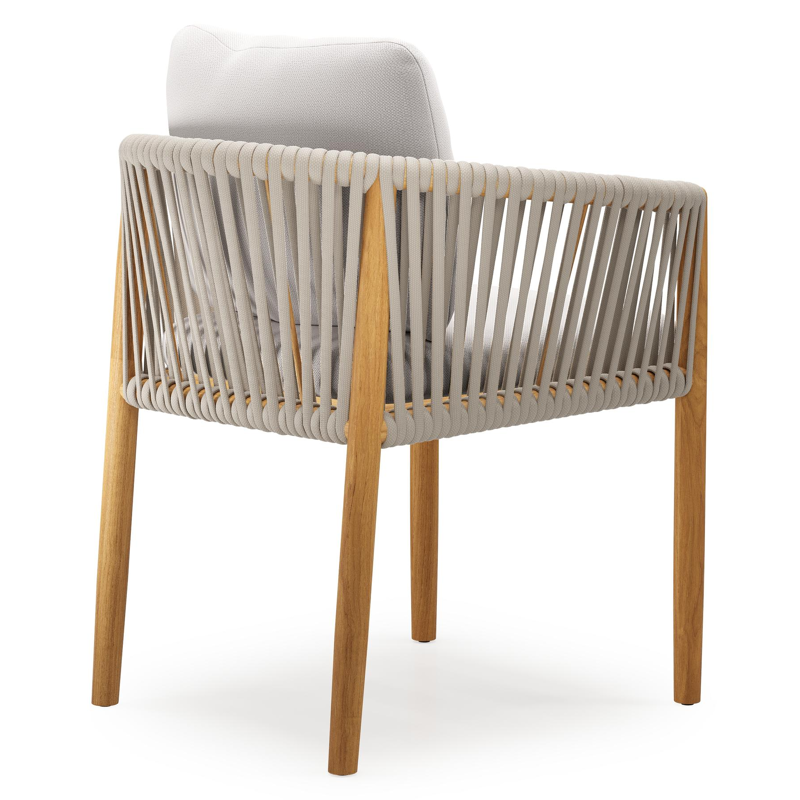 Organo tuinstoel in teak en beige verticaal geweven luxe vlakke rope met zitkussen in All Weather Sunbrella® Luxe Savane Whisper