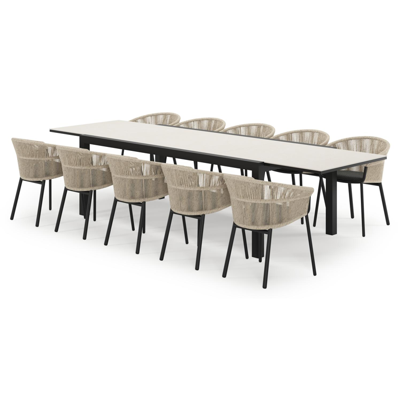 Calobra ensemble de jardin extensible rectangulaire en aluminium noir en sintered stone crema minerale avec 10 chaises de jardin Matera
